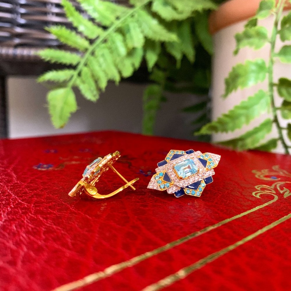 Aquamarine and White Zircon Earrings in 22K Gold